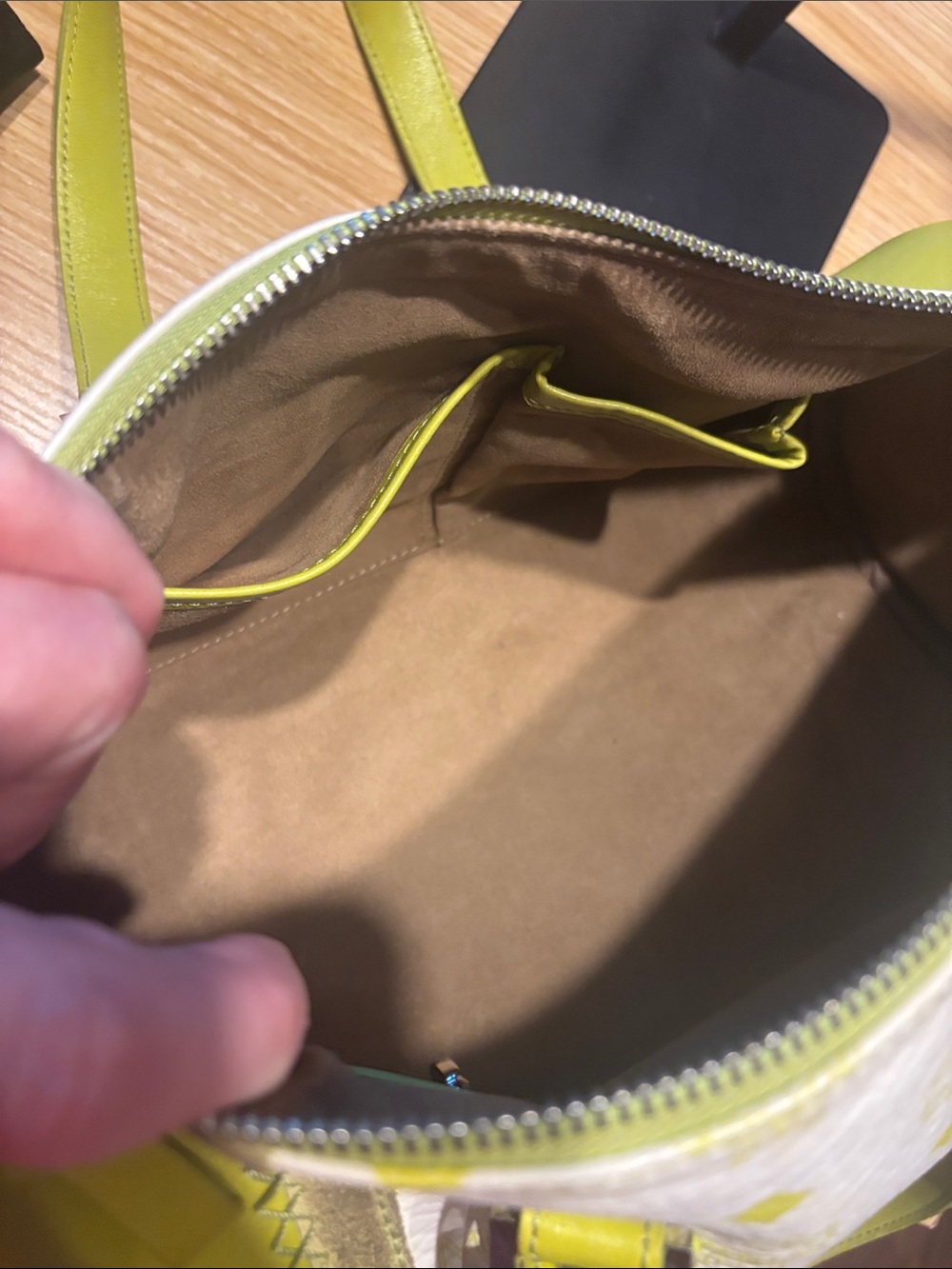 MCM limited edition suede stripes suede inside white and Lime Barrel Satchel - Picture 12 of 17